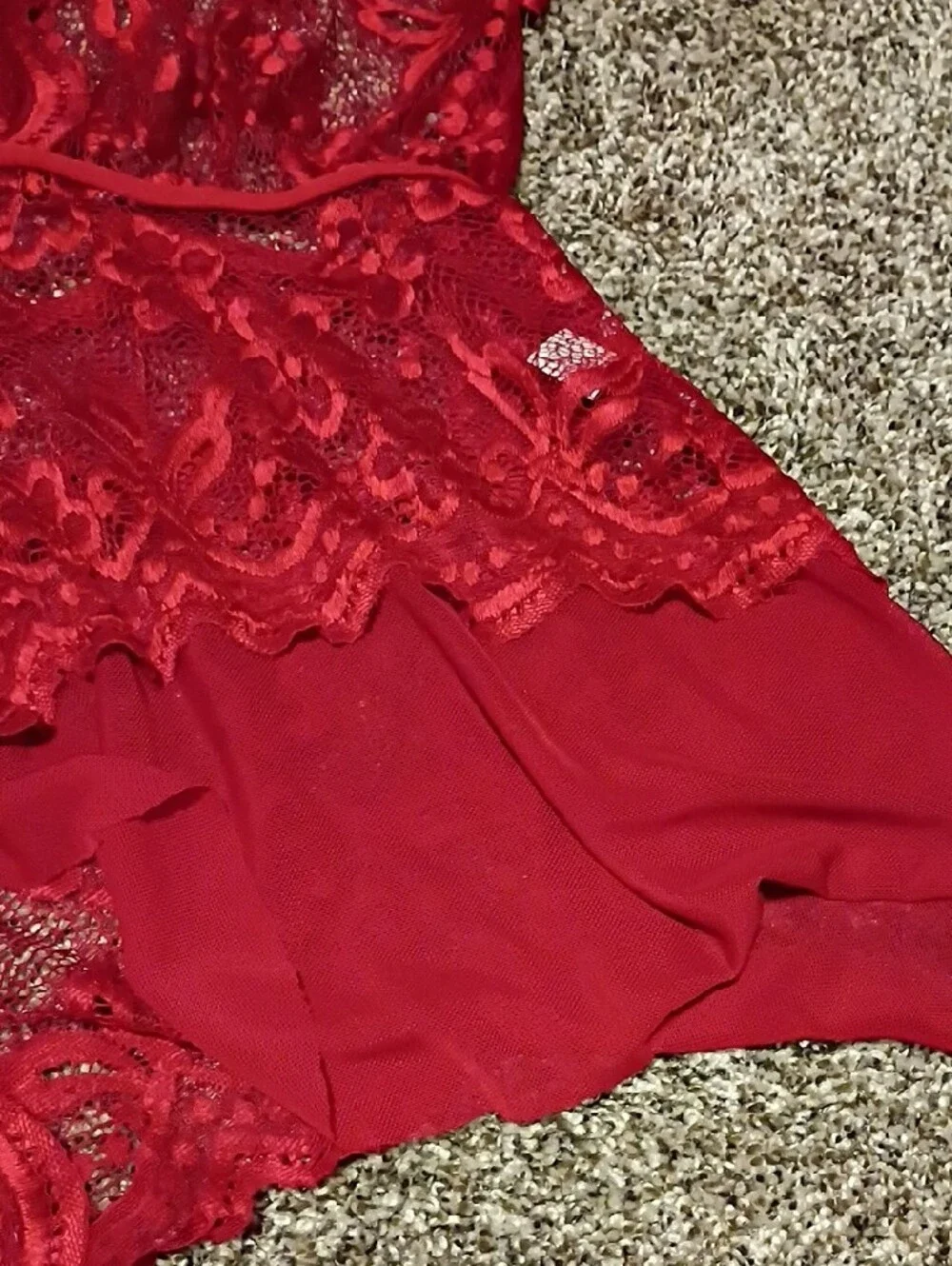 Halter Lace Trim Red Women's Teddy Romper With Open Crotch- New